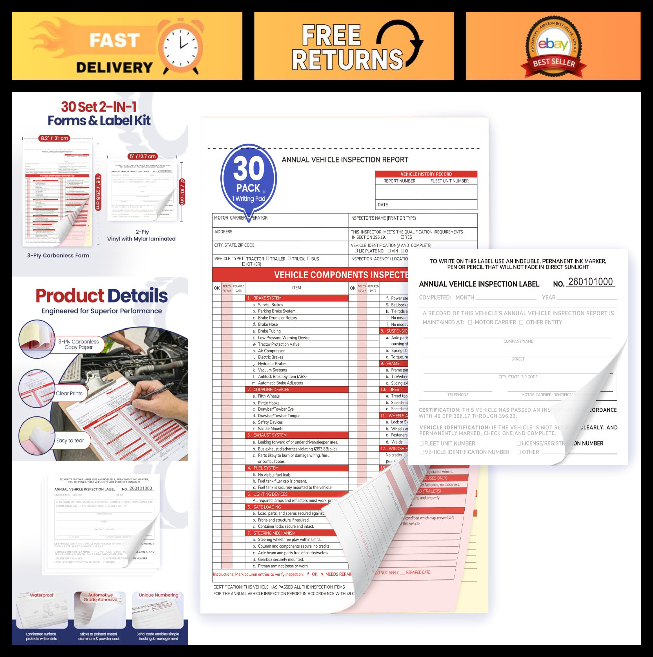 Vehicle Inspection Record Kit – 3-Part NCR Report Book (30 Sets) + Adhesive Labe