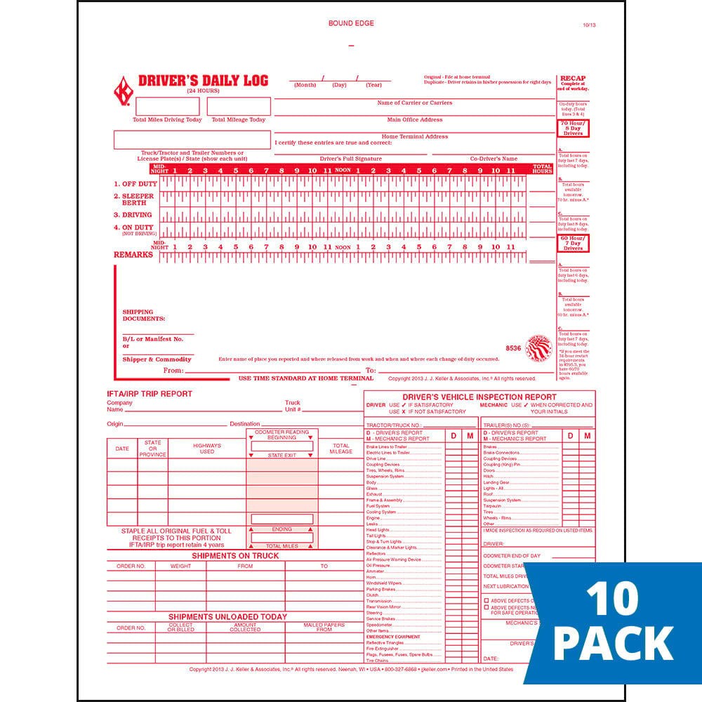 J. J. Keller 5-in-1 Driver Daily Log 10-pk., DVIR, Daily Recap, Shipment