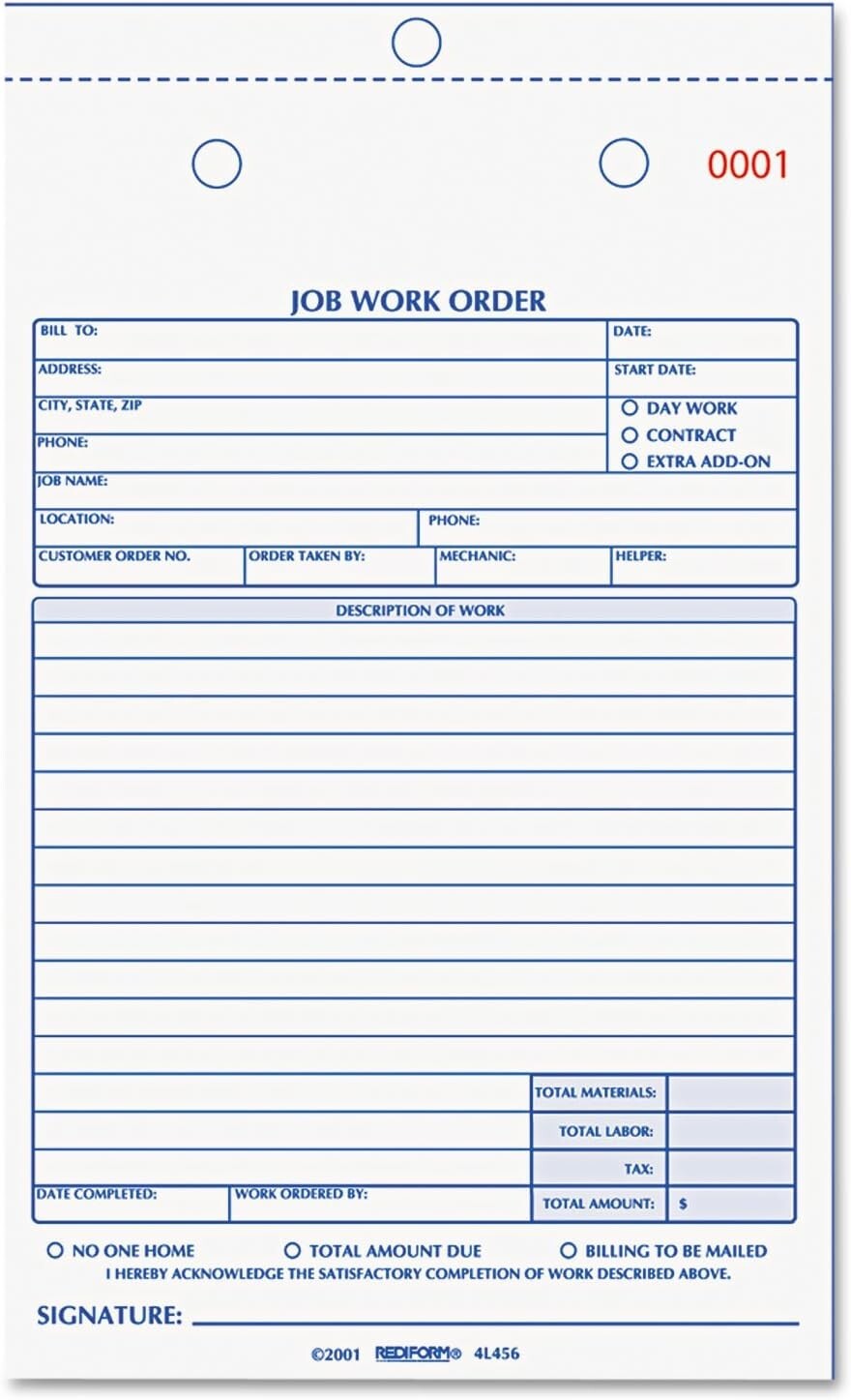Job Work Order Book, 5 1/2 x 9 1/8, Two Part, 50/Book NEW