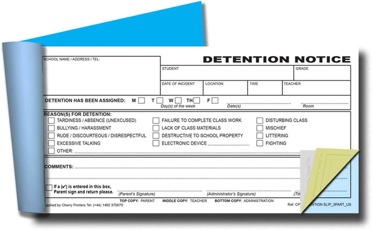 Cherry Detention Slip for Schools 3pt (8.3 inches x 3.9 inches) 50 Triplicate Co