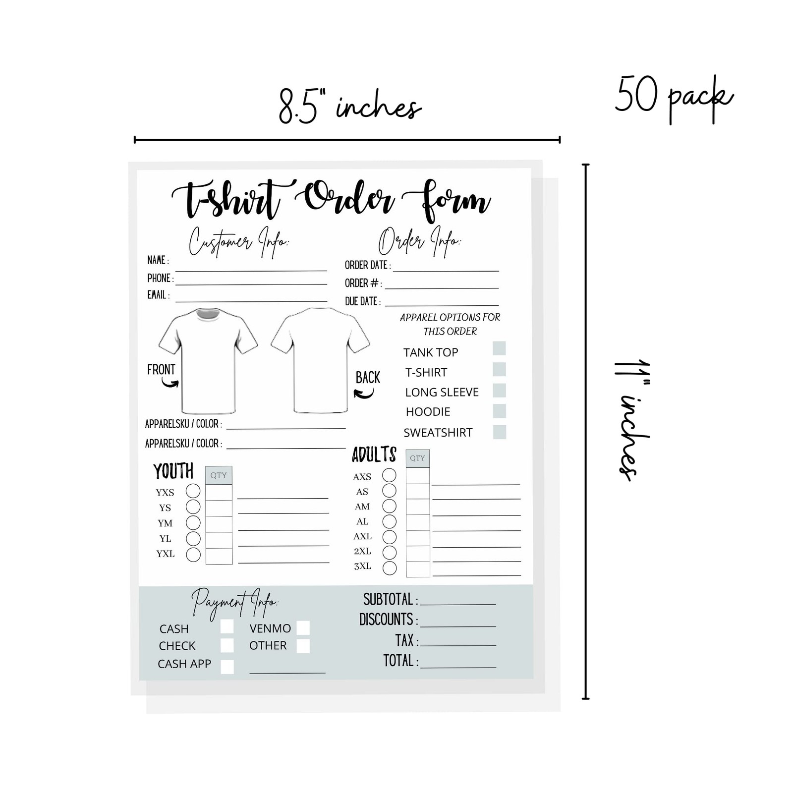 T-Shirt Custom Order Form Hoodie Template Business Invoice | 75 pk | 8.5×11”…