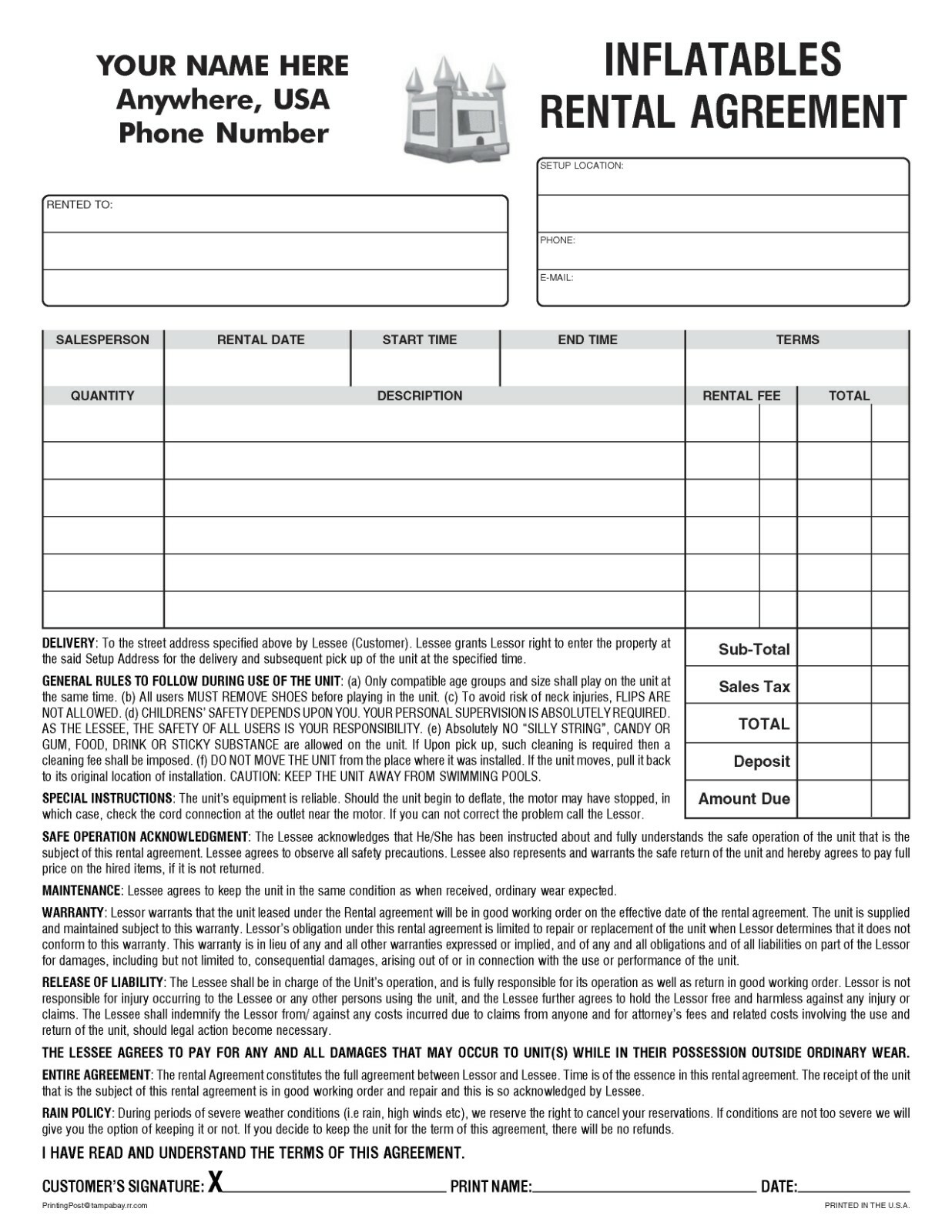 100 Inflatables Bounce House Party Rental Agreement 2-part Forms