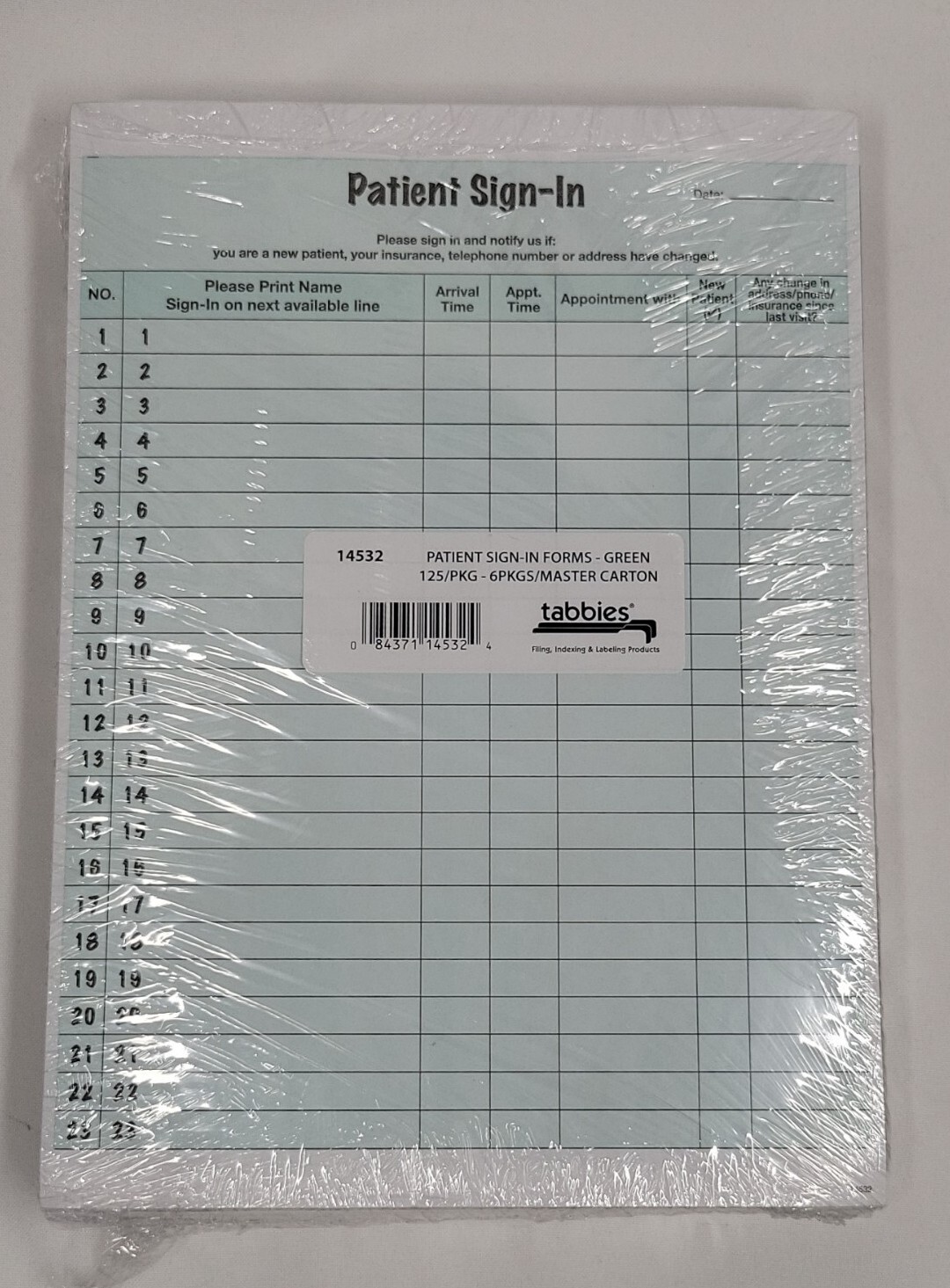 Tabbies Patient Sign-In Label Forms Color Green 8 1/2″ x 11 5/8″ 125 Pack 14532