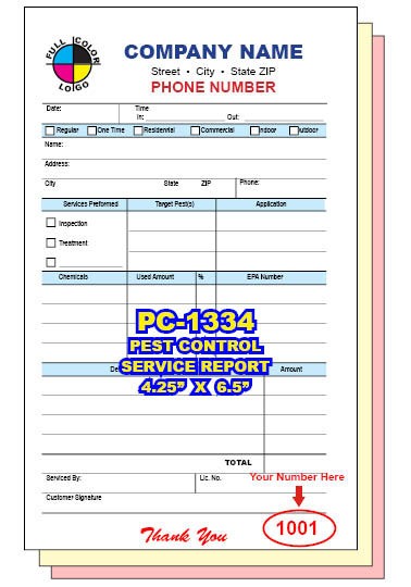 PEST CONTROL SERVICE ORDER CUSTOM PRINTED 2 or 3 Part Carbonless