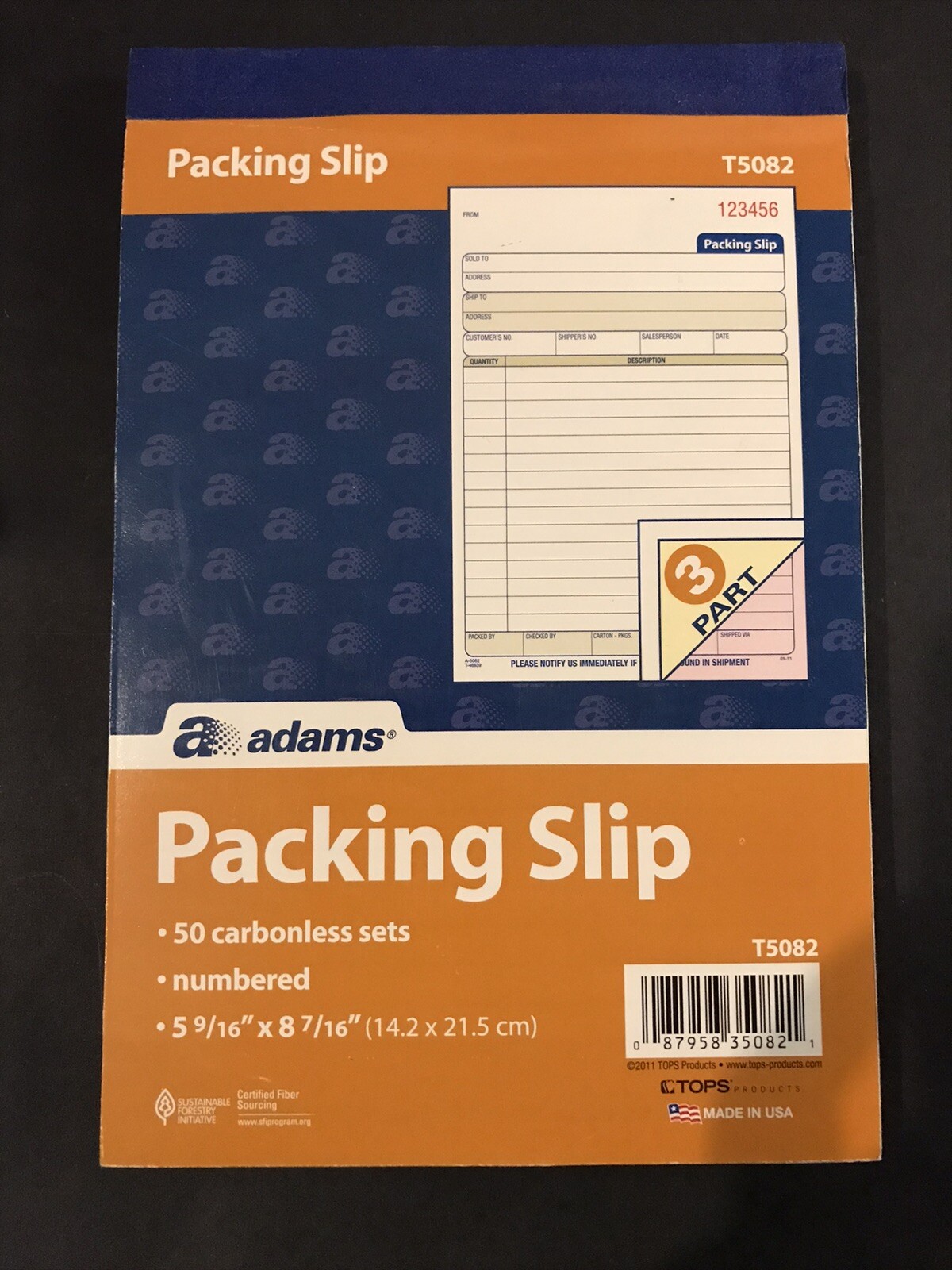 Adams Packing Slip Book 3-Part 50 Carbonless Sets 5.9/16” x 7-5/16” Numbered