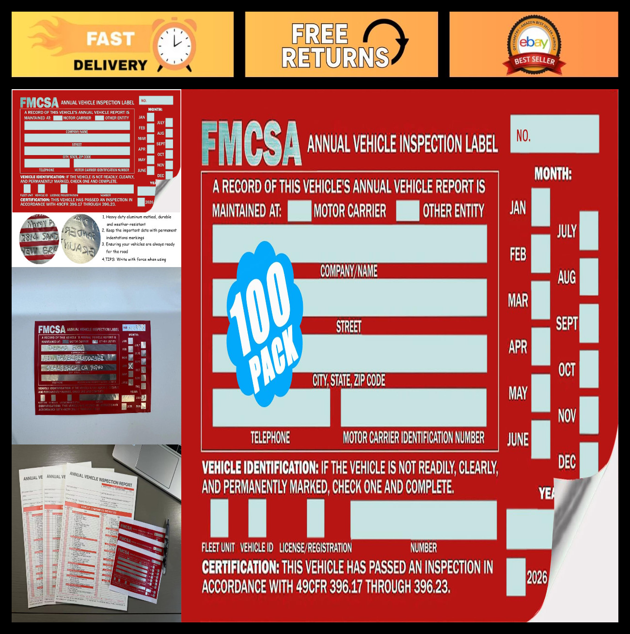 100 Pack Vehicle Inspection Stickers – Red Aluminum, Self-Adhesive, DOT Complian