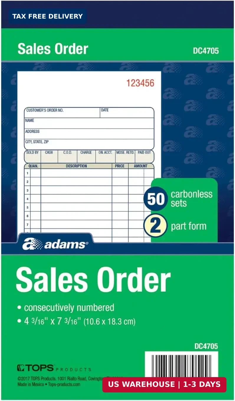Adams Sales Order Book, 2-Part, Carbonless, White/Canary, 4-3/16 x 7-3/16 Inches