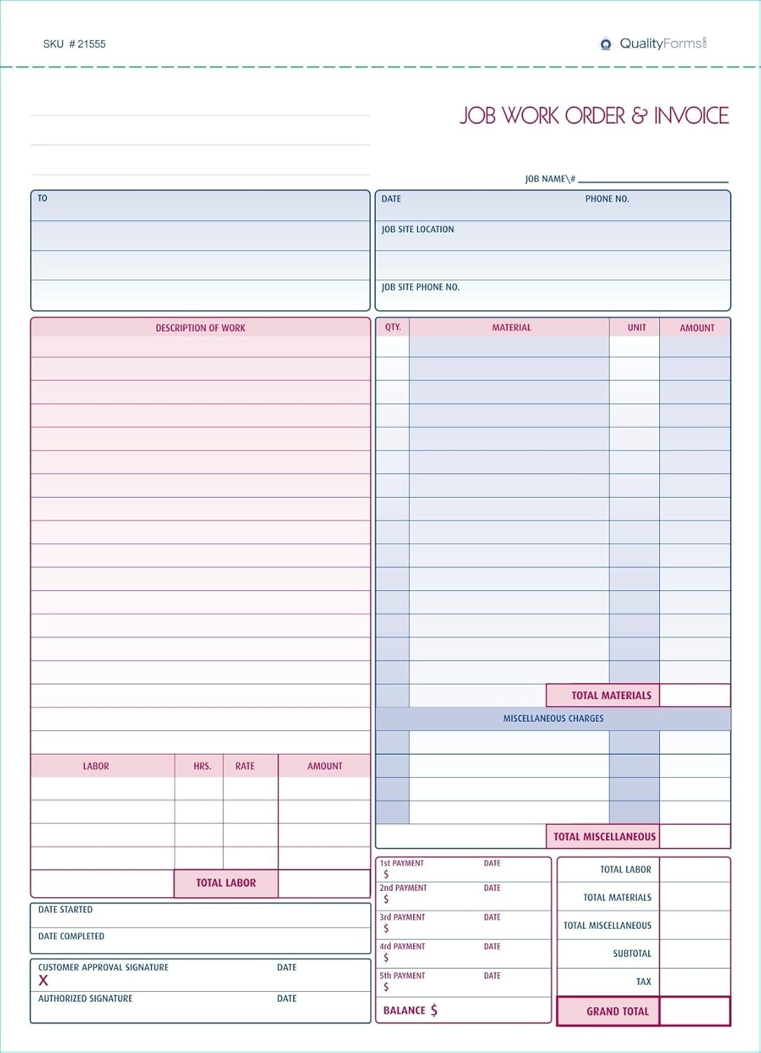 Contractor Job Work Order & Invoice Set, 2 Part Carbonless