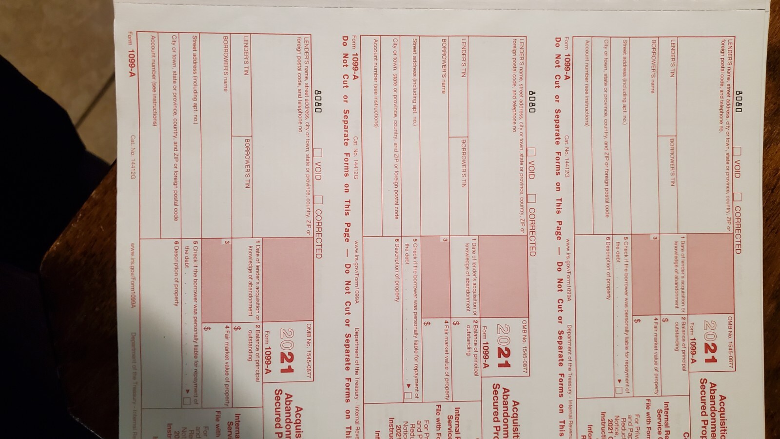 2021 IRS Tax Form 1099-A single sheet set for 3 borrowers, carbonless 3-part.