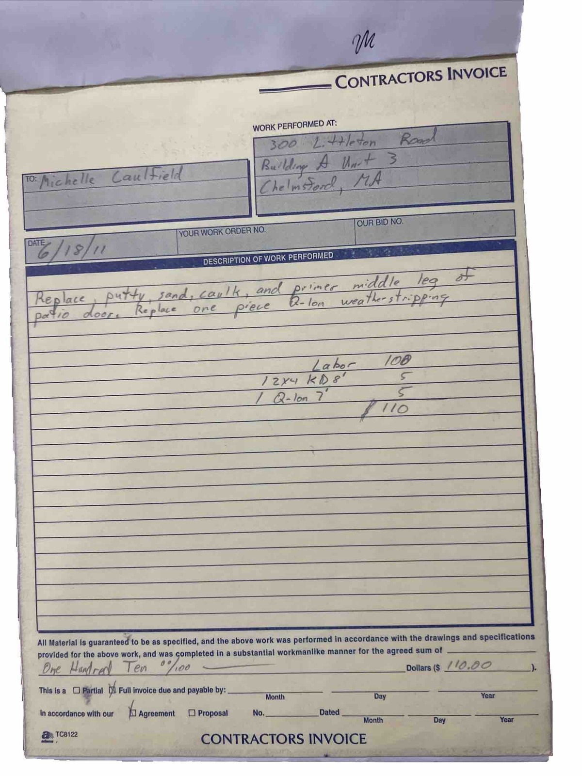 Adams Contractor Invoice Book, 8 3/8 “ X 11 7/16 “ 3-Part, Carbonless, Preowned