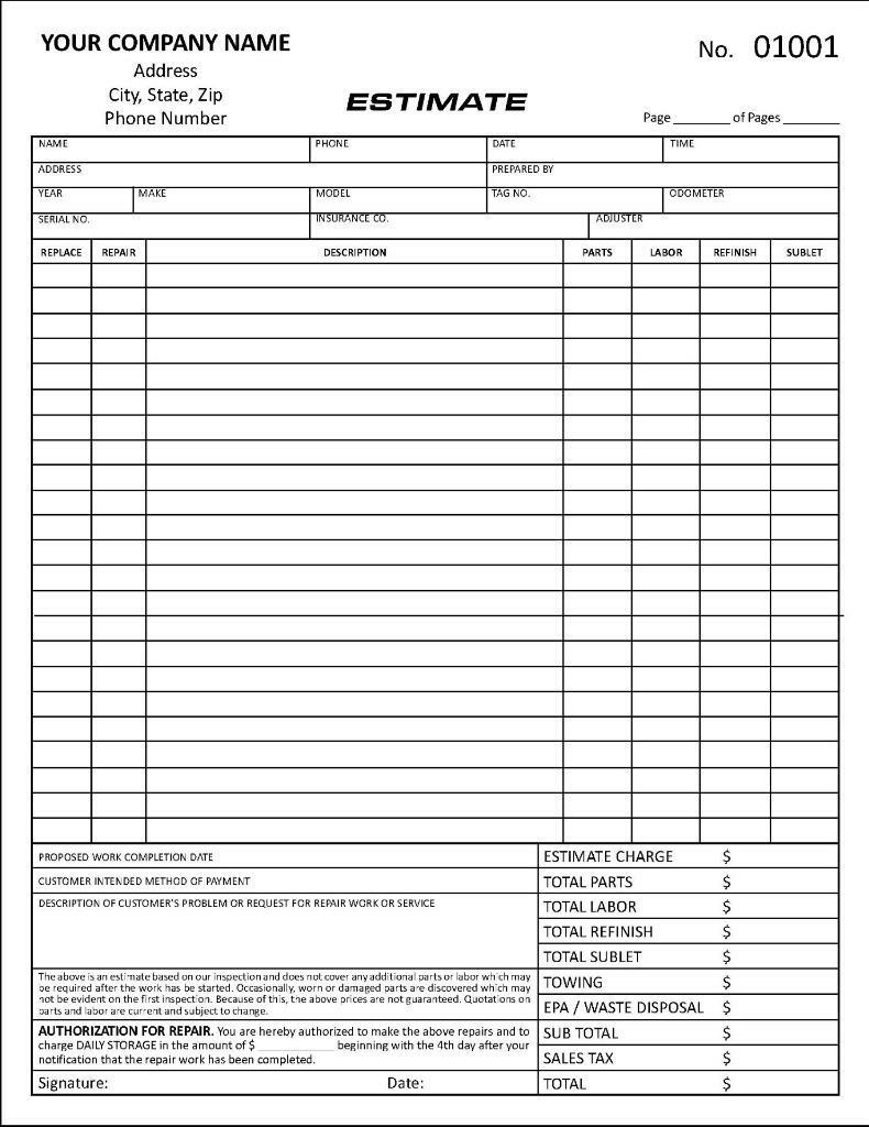 100 Automobile Auto Body Estimate / 2 Part Carbonless/ 8.5 x 11 / TMG027
