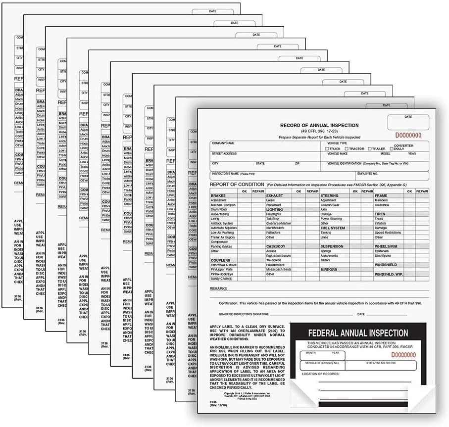 J. J. Keller’s 10-Pack of Carbonless Annual Inspection Forms for Fleet Safety