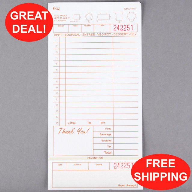 3 Part Carbonless Guest Checks 2000 Pack Tan White Receipt Stub Restaurant