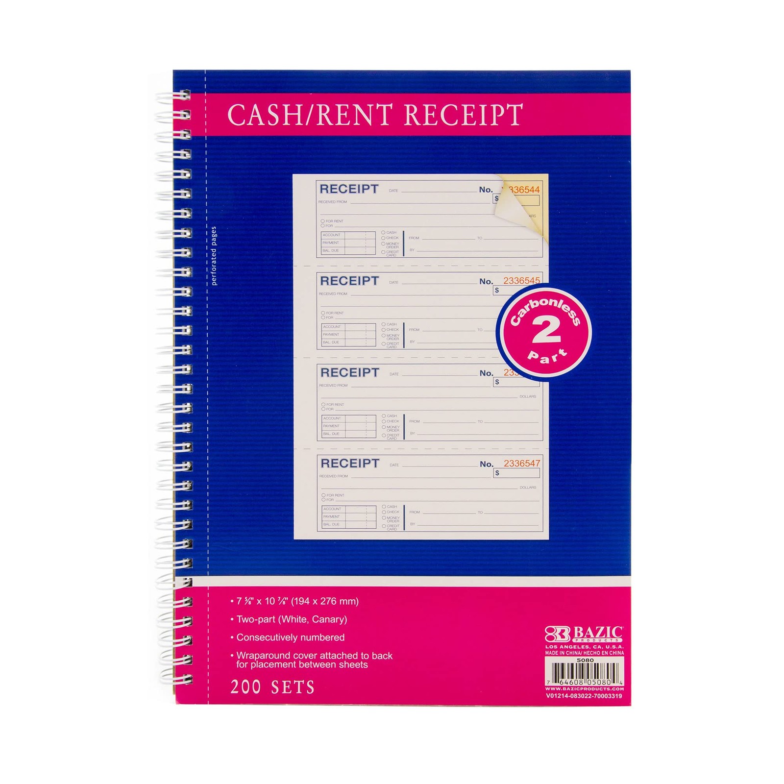 BAZIC Products Spiral Bound Receipts Book for Landlords, Business & 200 Sets