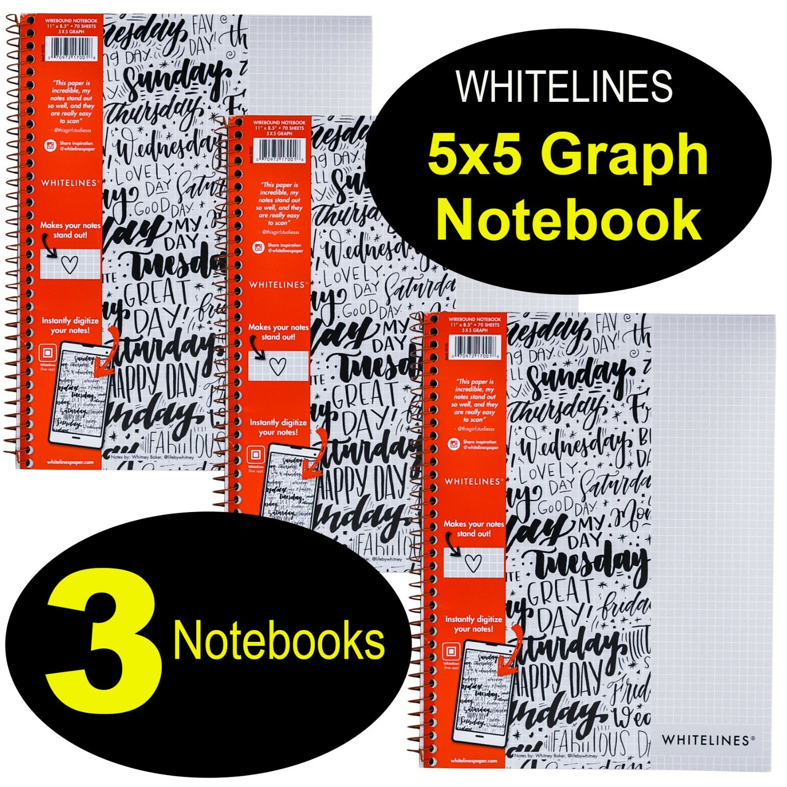 Whitelines 5×5 Graph Notebook 17001, 11 x 8.5″, 70 Sheets, Pack of 3 Notebooks