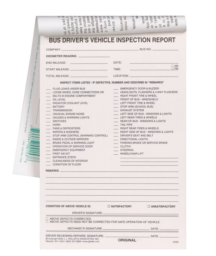 J. J. Keller Bus Driver’s Vehicle Inspection Report 10-pk., 2-Ply Carbonless,
