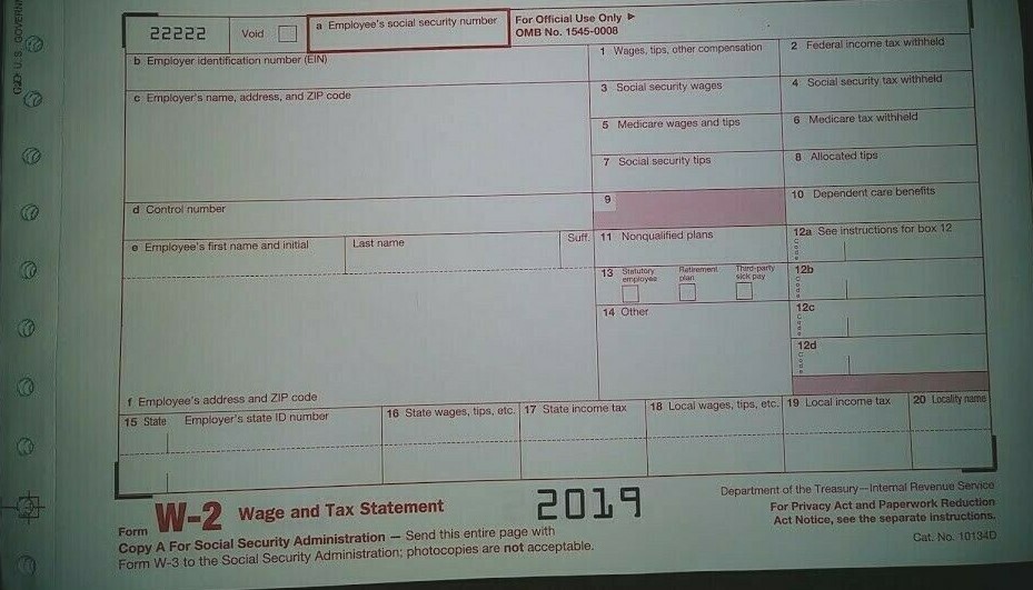 2019: 5 SHEETS W-2 IRS Wage/Tax Statement & 3= W-3 Transmittal Forms