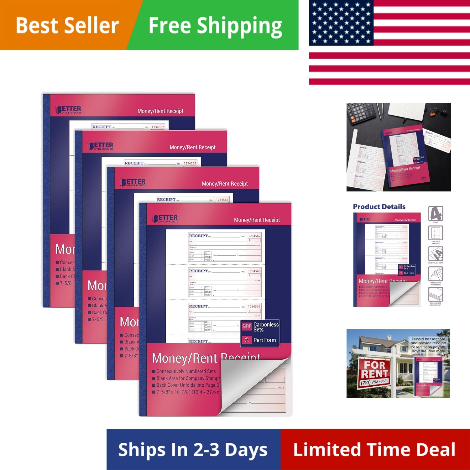 Cash Money and Rent Receipt Books, 4 Pack, Large Size, 2-Part Carbonless Whit…