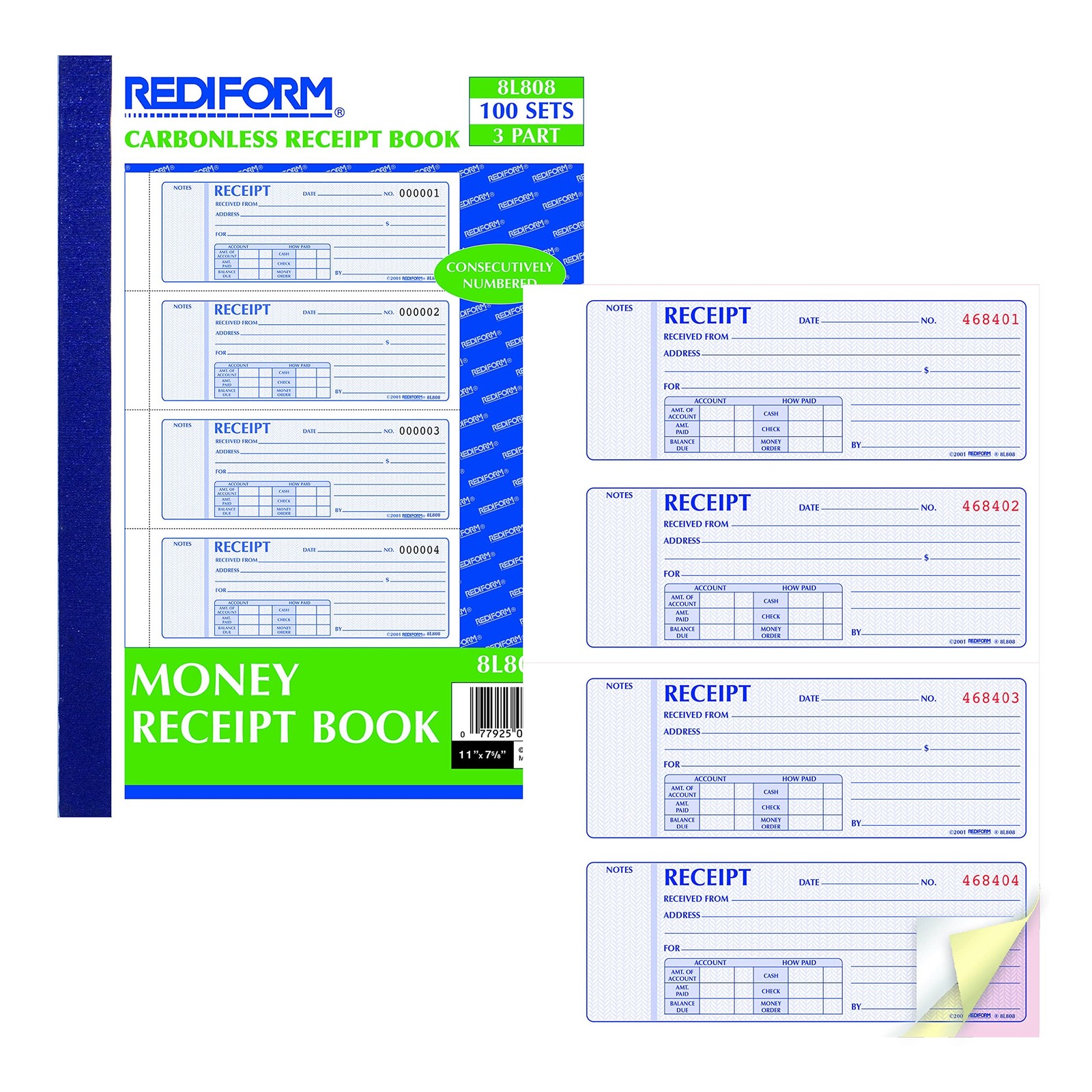 Rediform Receipt Books (RED8L808) Blue 11 x 7.625 inches 2.75″ x 7″