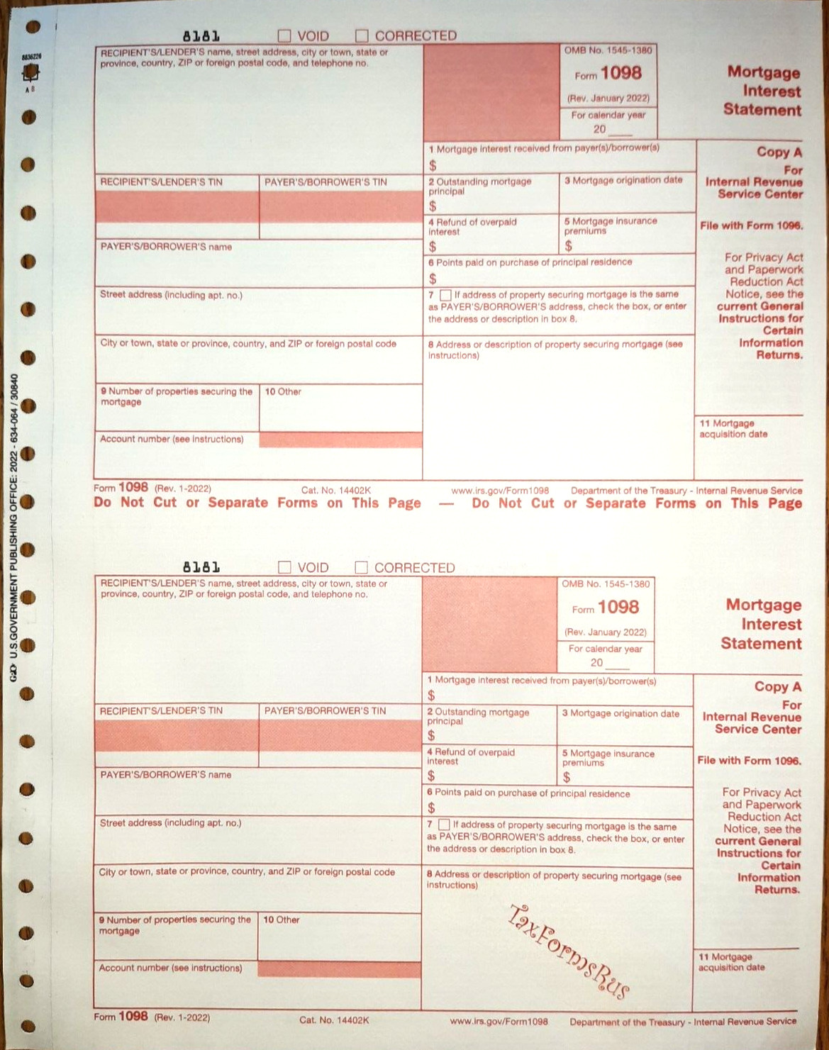 2022 IRS Tax Form 1098 Mtg Int single sheet set for 2 borrowers, carbonless 3-pt