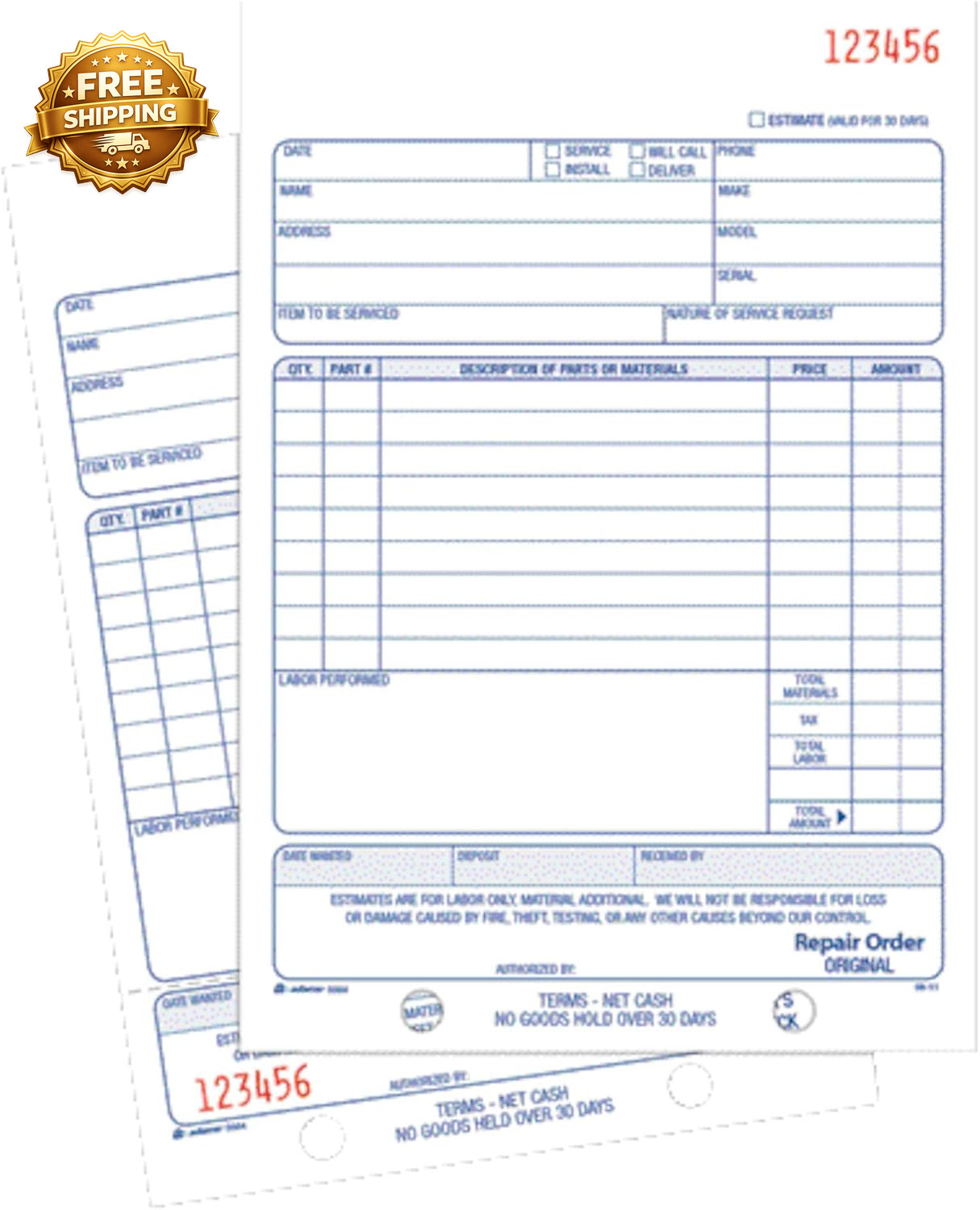 Repair Order Book Carbonless 2-Part White/White 5-9/16 X 8-7/16 Inches 50 Sets