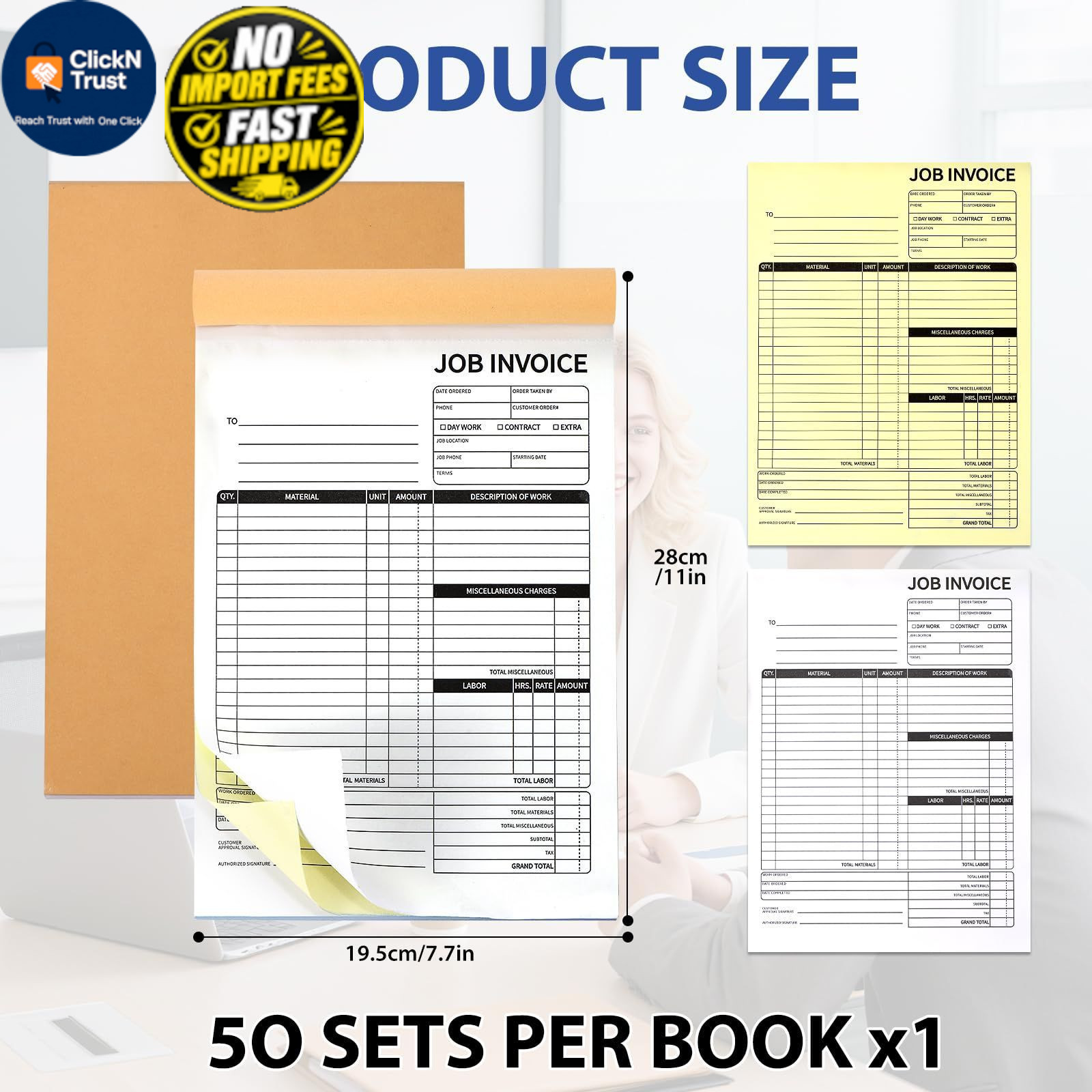 Carbonless Work Order Forms & 7.5 x 11 Inches Invoice Book, 50 x 11 inch