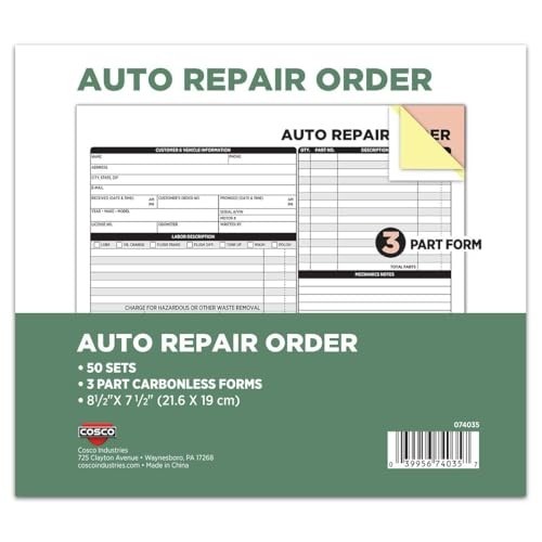 3-Part Carbonless Auto Repair Order Forms, 50-Pack, White & Canary, Easy Use