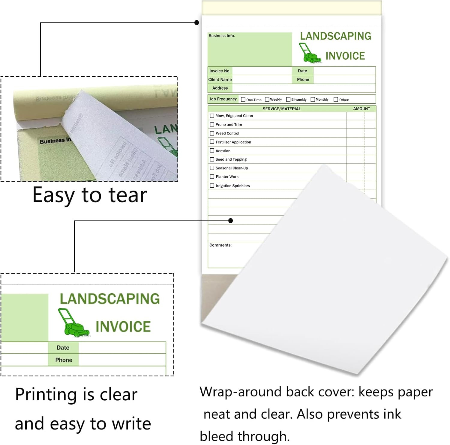 Garden Service Invoice Receipt Book, 2-Part Carbonless Landscaping Invoice Book