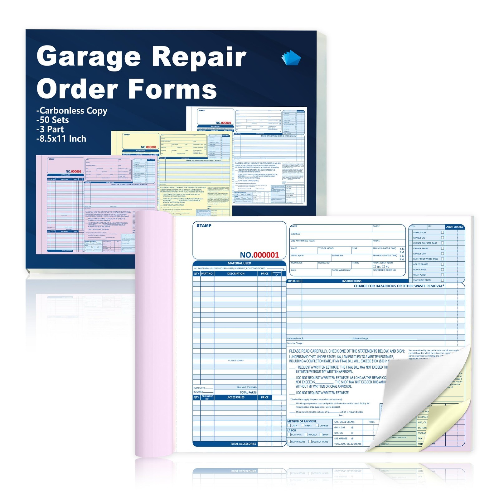 100 Sets Carbonless Auto Repair Order Forms 8.5×11″ – Garage & Mechanic Use