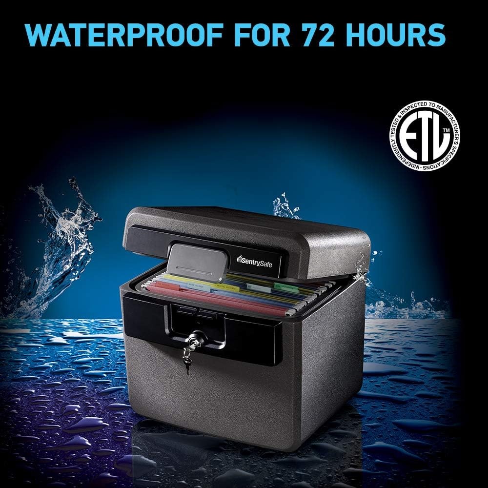 Black Fireproof and Waterproof Safe, File Folder and Document Box with Key