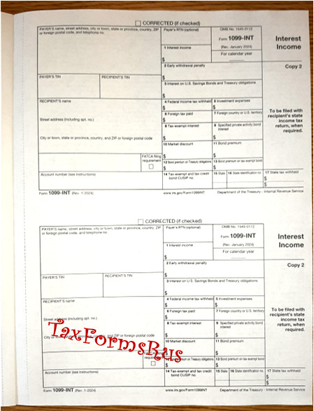 Official IRS Tax Form 1099-INT single sheet set for 2 recipients NON-carbonless