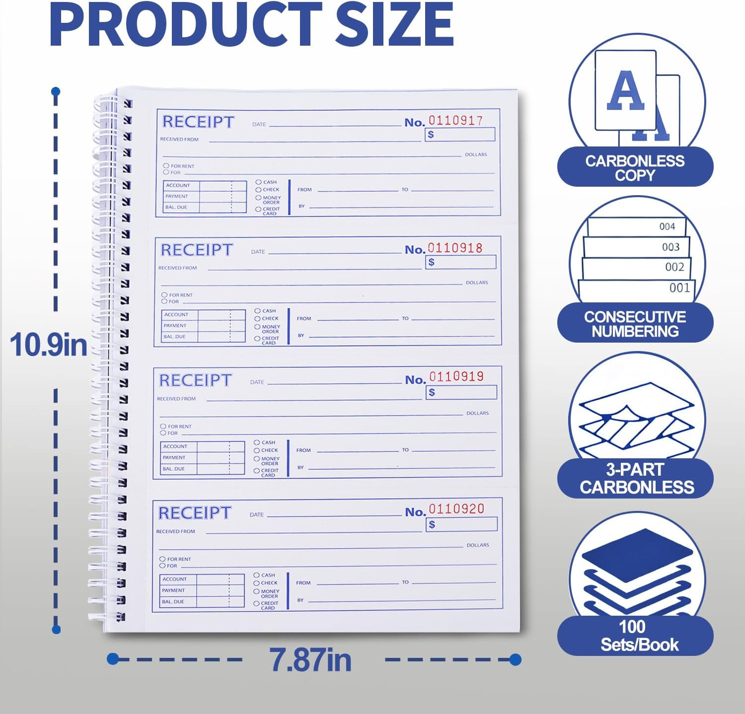 6 Pack Large Money and Rent Receipt Books with Cardboard Insert,7-5/8″ X 10-7/8″