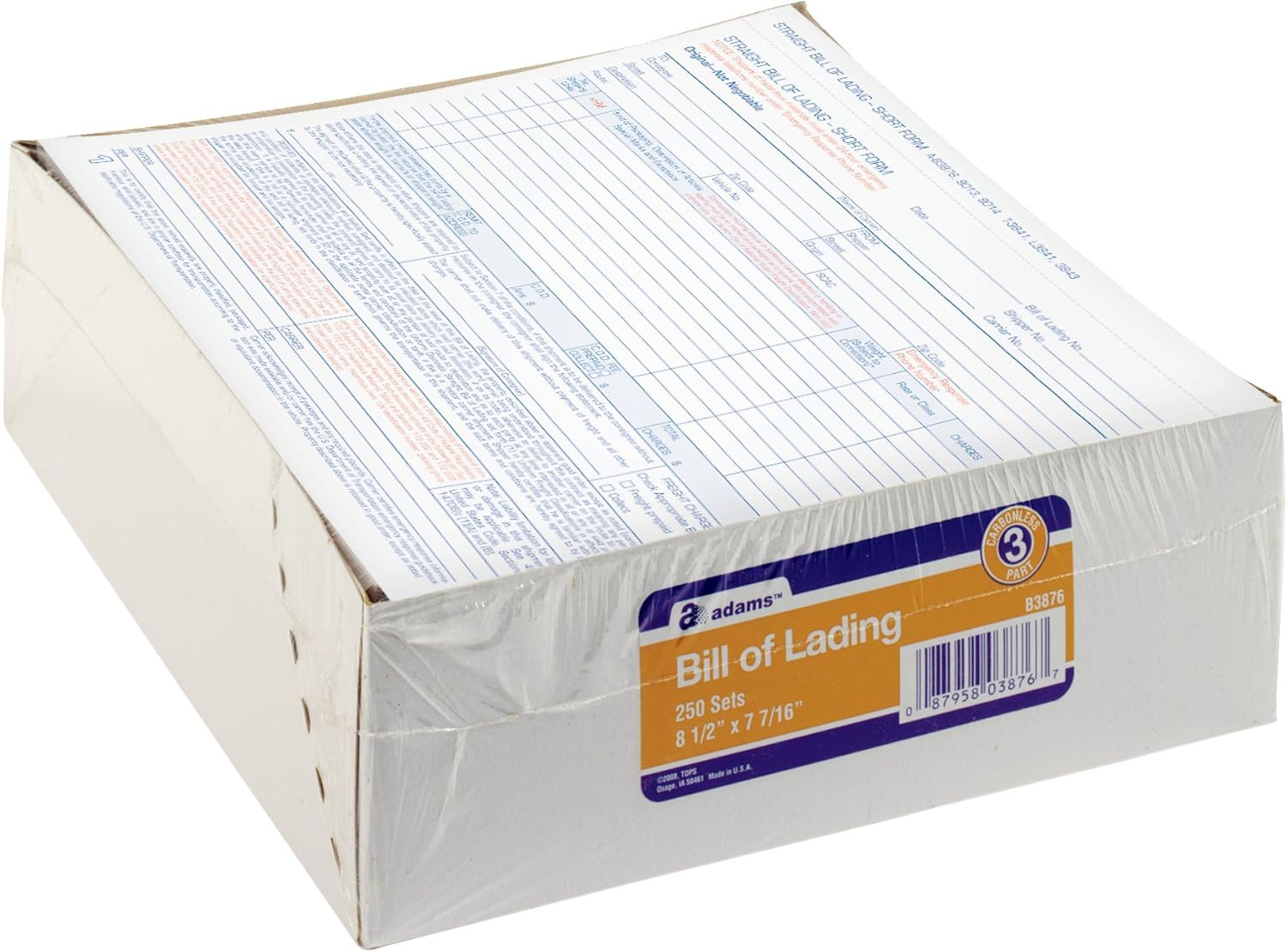 Bill of Lading Short Form, 8-1/2 X 7-7/16 Inches, White, 3-Part, 250-Count (B387