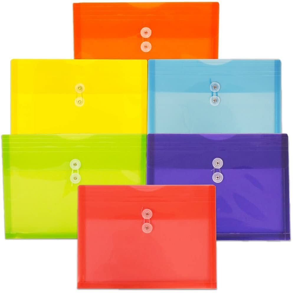 JAM PAPER Plastic Envelopes with Button & Letter Size, Assorted Colors 6 Pack