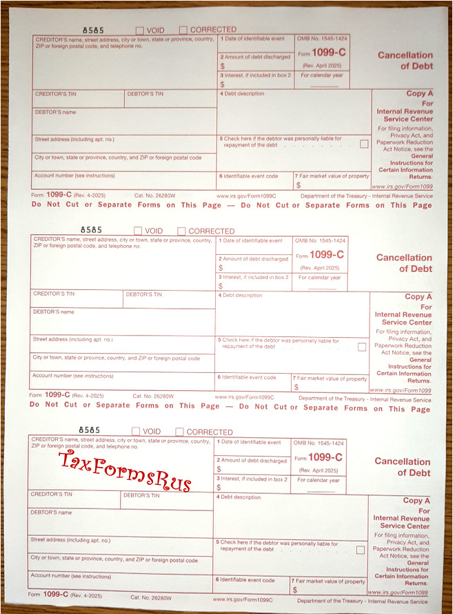 Official IRS Tax Form 1099-C single sheet set for 3 debtors NONcarbonless, 2-pt