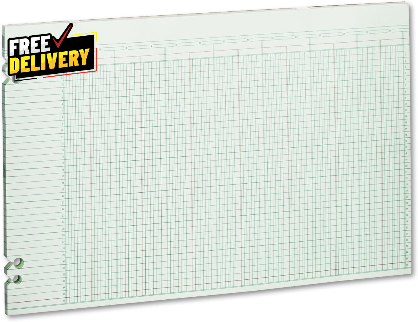Green Columnar Ruled Ledger Paper Double Page Format 24 Columns and 36 Lines….