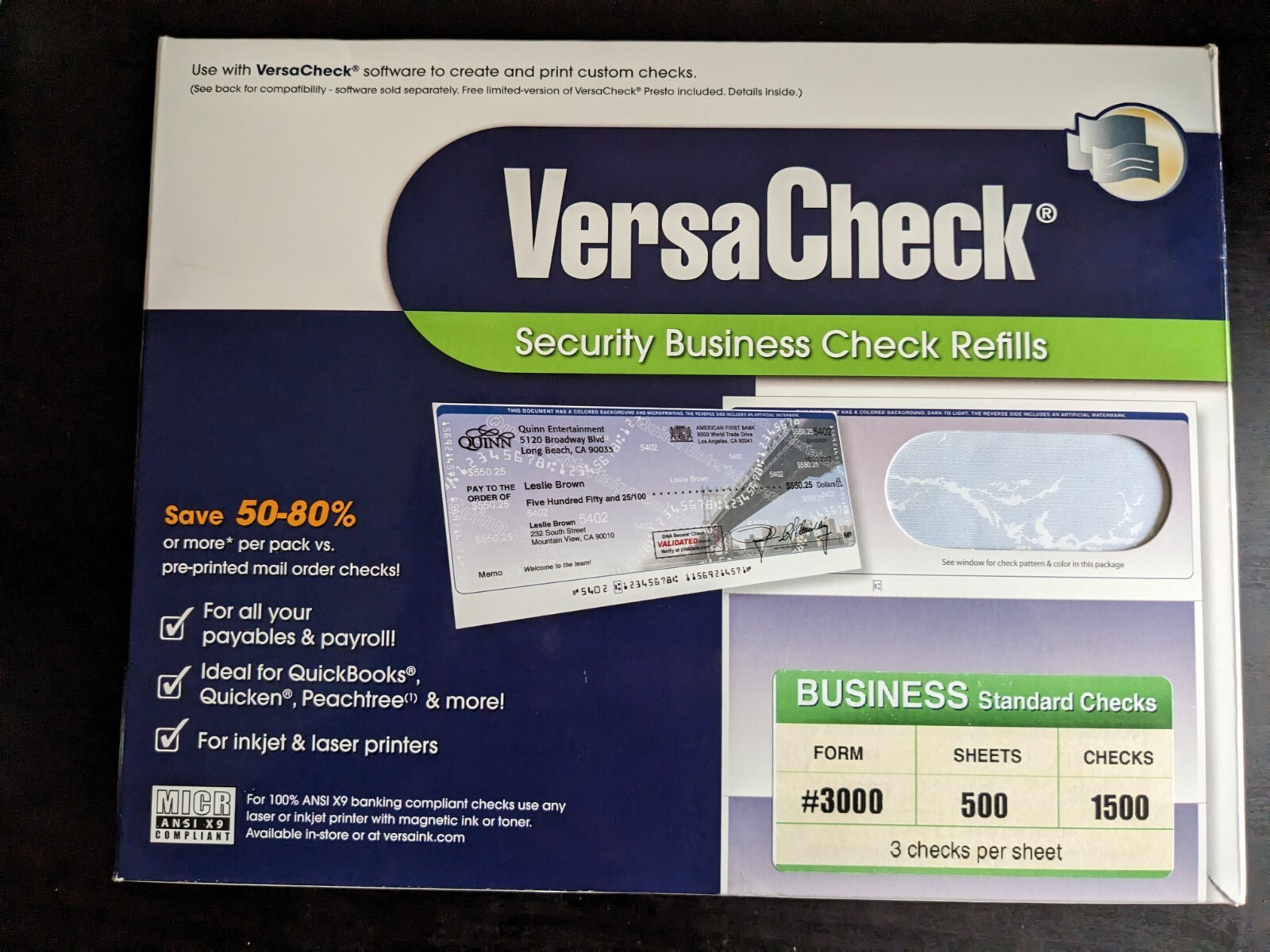 VersaCheck Secure Business Checks Form #3000 1500 Checks MICR ANSI X9 Compliant