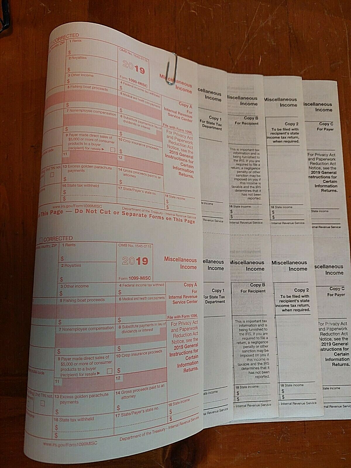 2019 IRS 1099-MISC Forms (for 2 recipients)-For Prior Year’s Tax Filing Season
