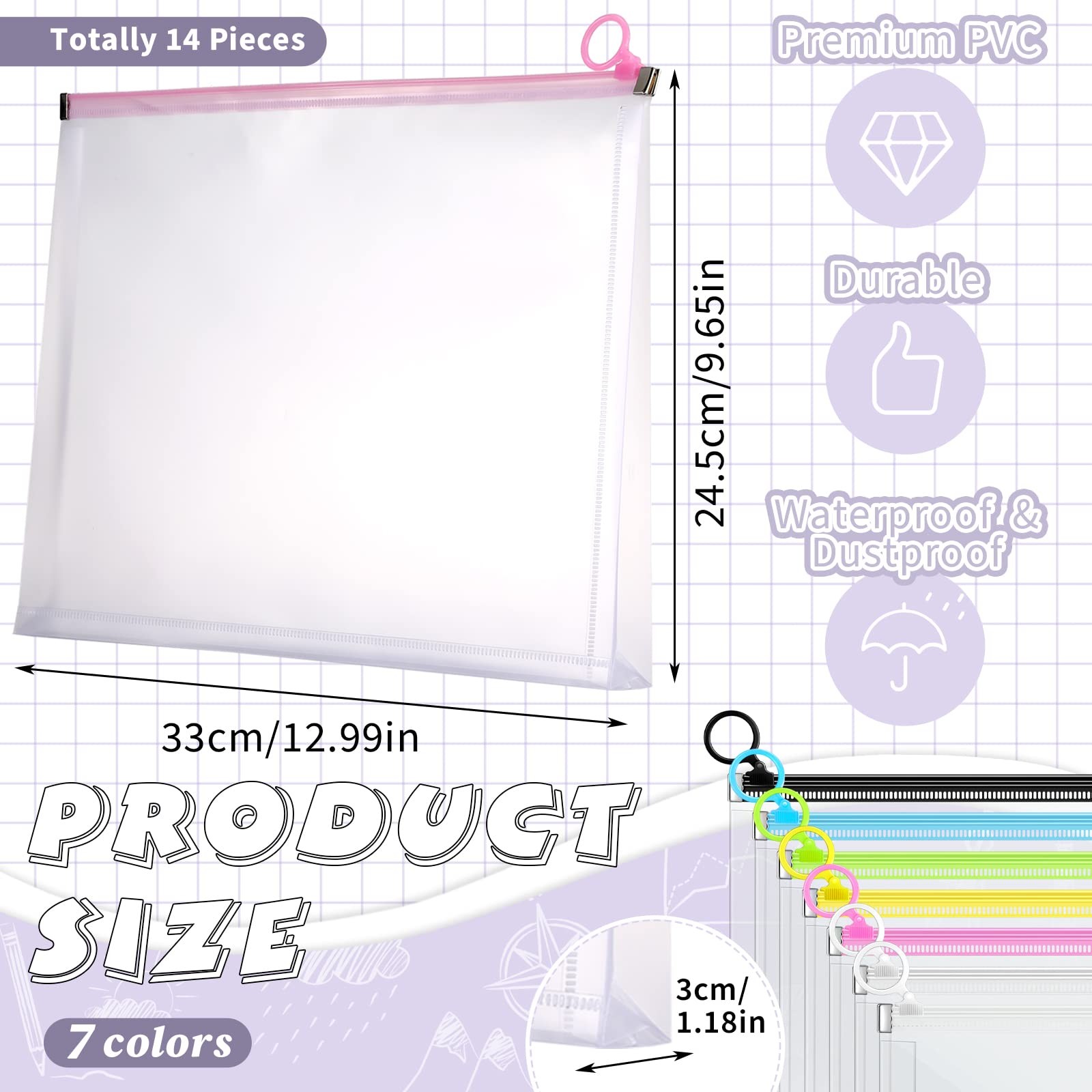 Yexiya 14 Pcs Back to School Clear Plastic Zip Envelope A4 Stylish Colors