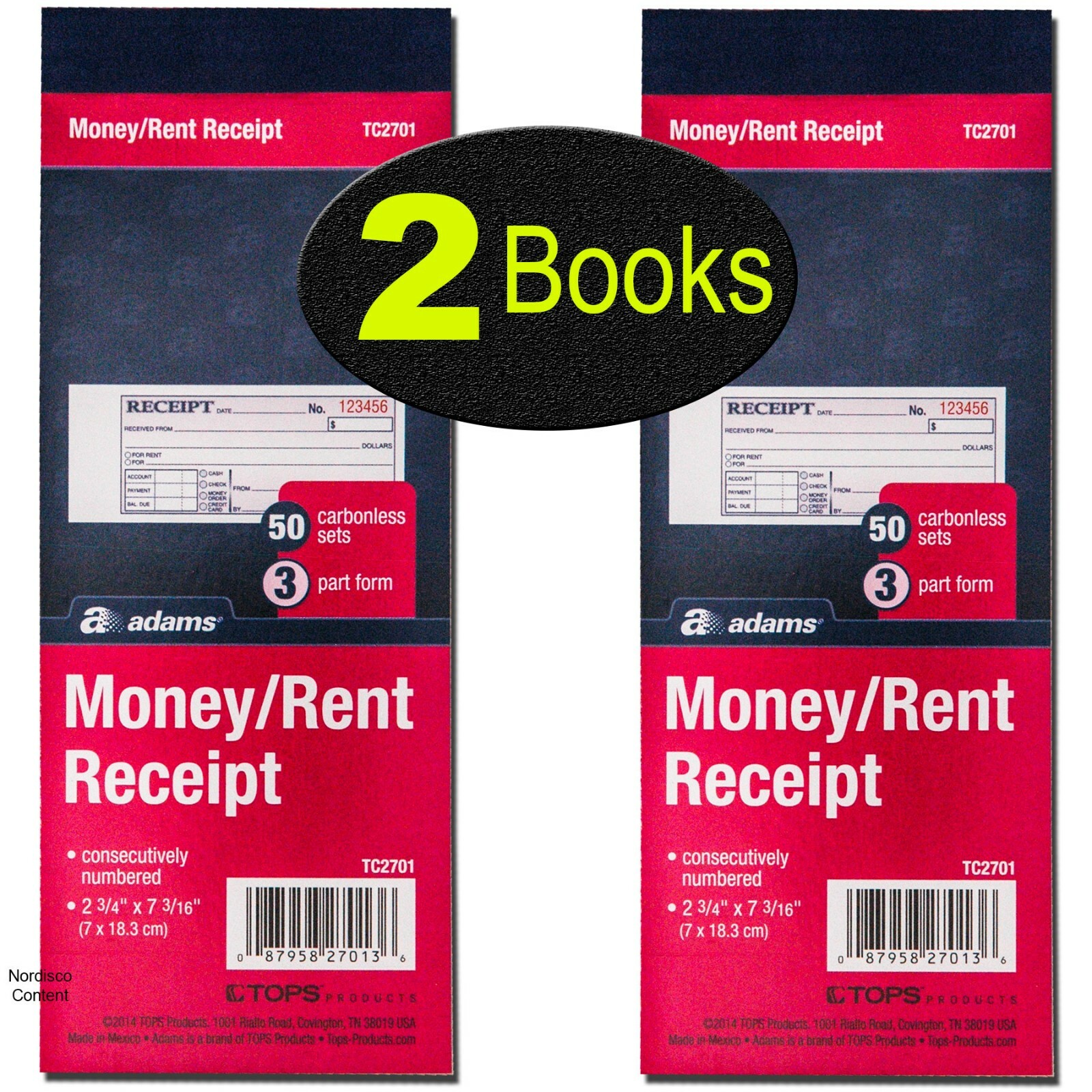 Adams TC2701 Money Rent Receipt Books, 3-Part Carbonless, Numbered, Pack of 2