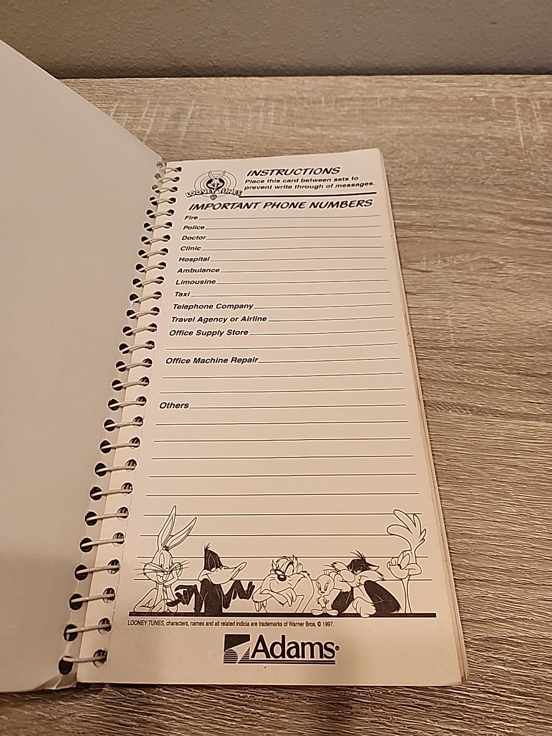 Vintage 1997 Taz On Office Etiquette Phone Message Book Adams SC1154LT Cartoon