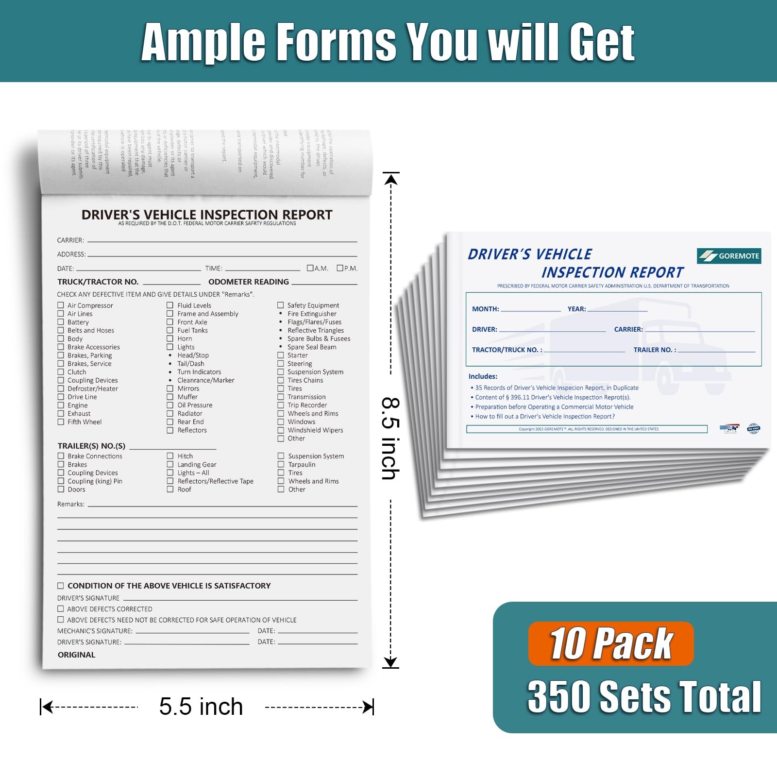 10 Pack DVIR Log Book, 8.5 x 5.5 inch, 35 Sets, 2-Ply Carbonless, Pre-Trip