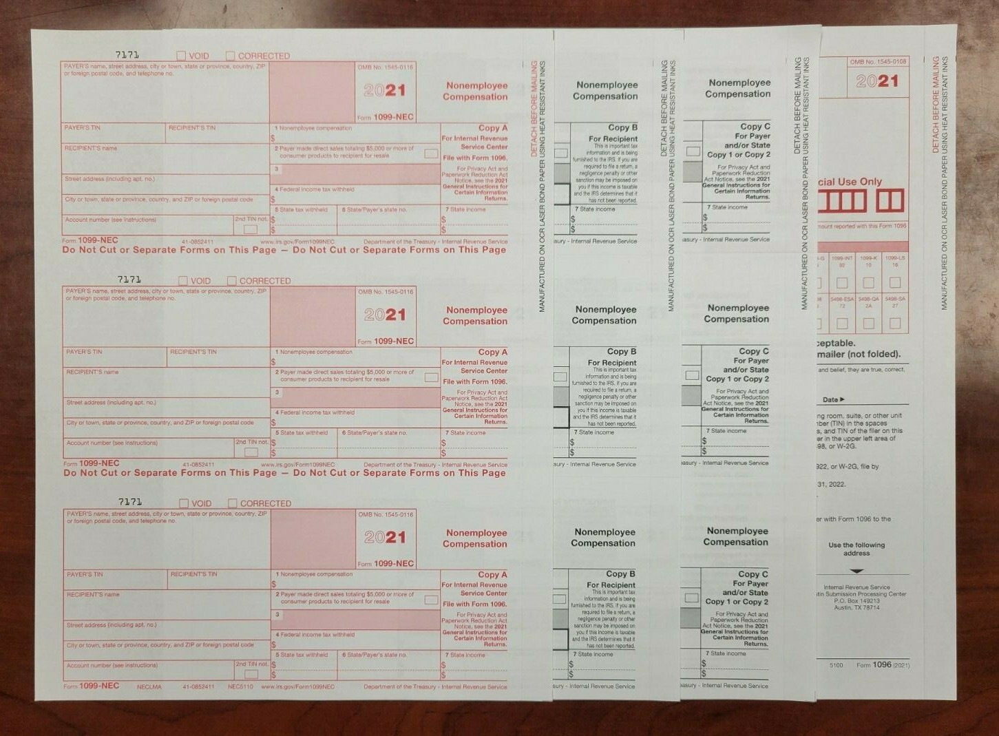 2021 IRS Tax Form 1099 NEC – 15 Recipients LASER 3 Pt + (2) 1096 – No Envelopes