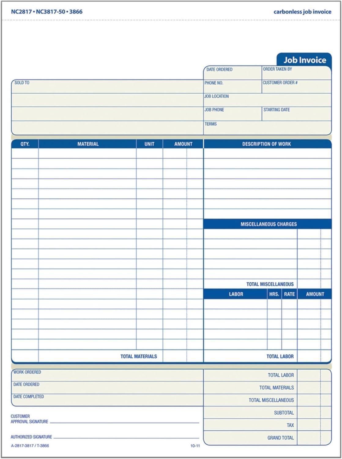 Adams Job Invoice Forms, 2-part Carbonless, for Service and Repair Billing, 100