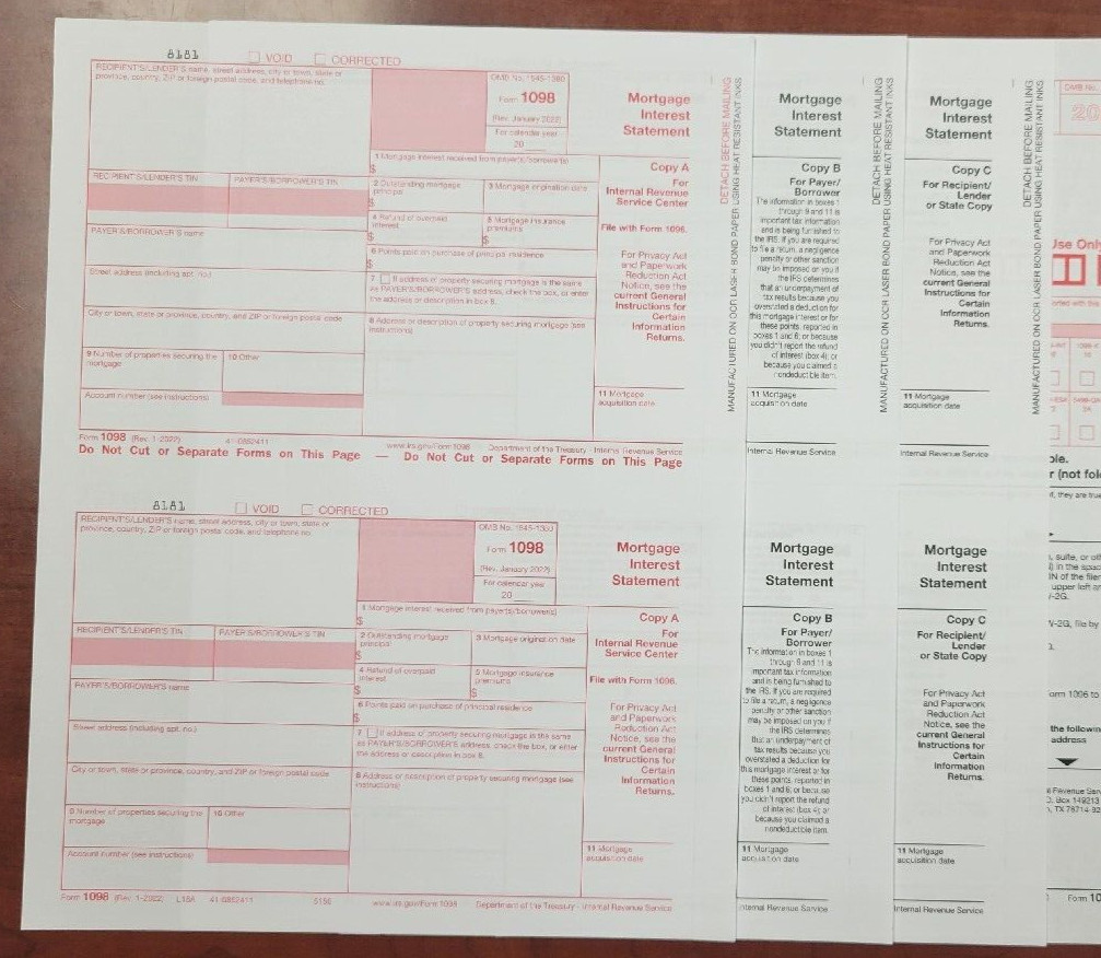 2023 Tax Form 1098 Mortgage Interest 10 Recipients 3 Pt + (1) 1096 – No Envelope