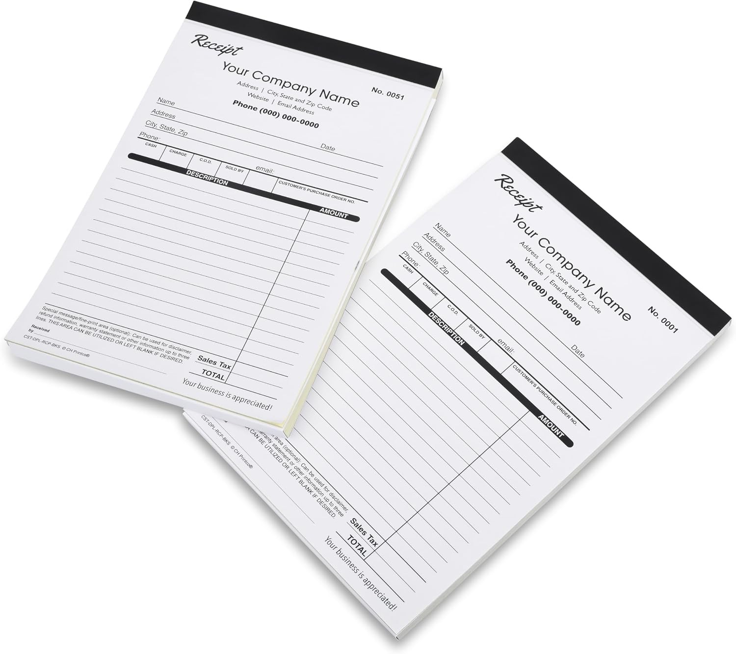 Custom Duplicate Receipt Books W/ Your Company Name. 2 Books 100 Sets Numbered.