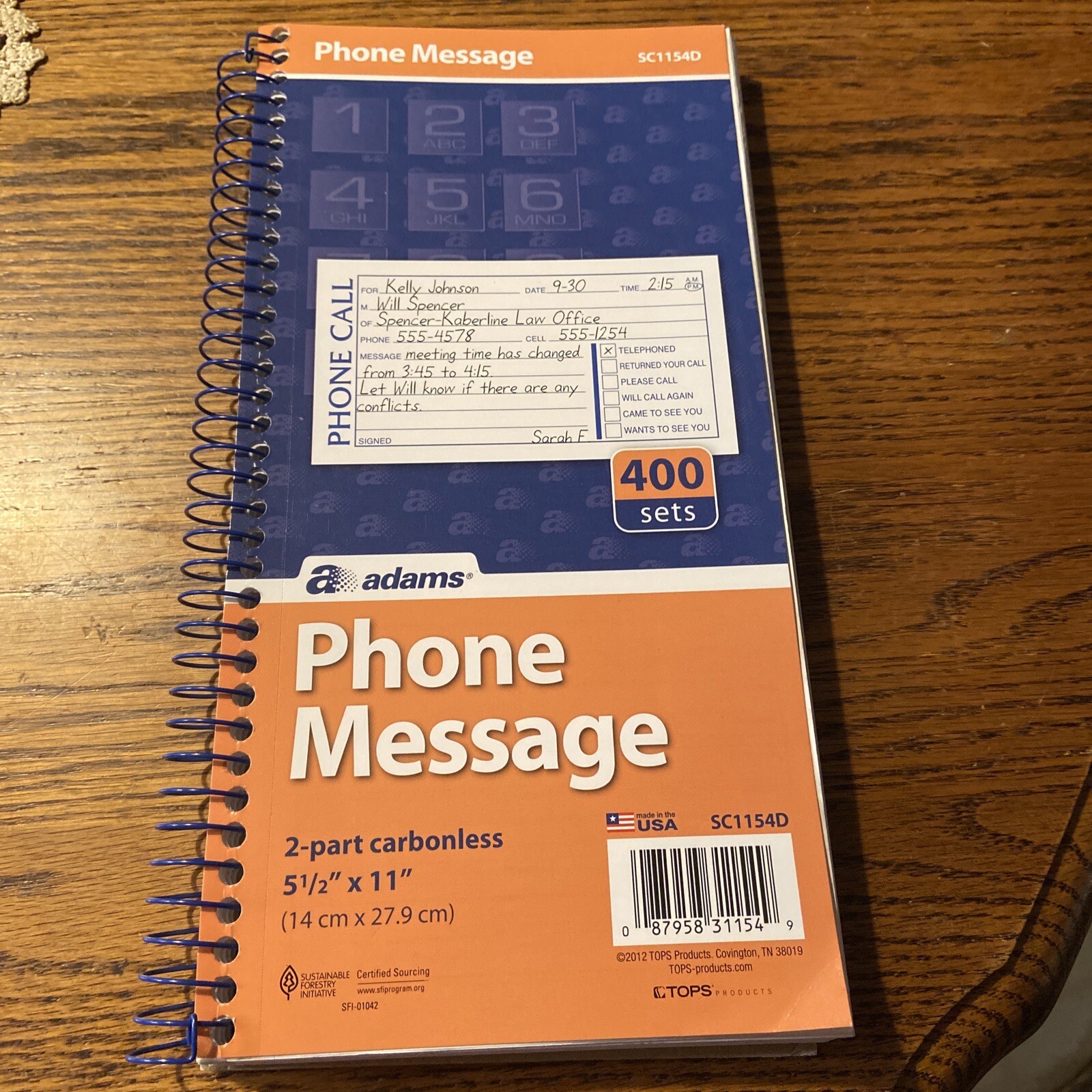 Adams Phone Message Book, Carbonless Duplicate, 5 1/2” x 11” 4 Sets per Page