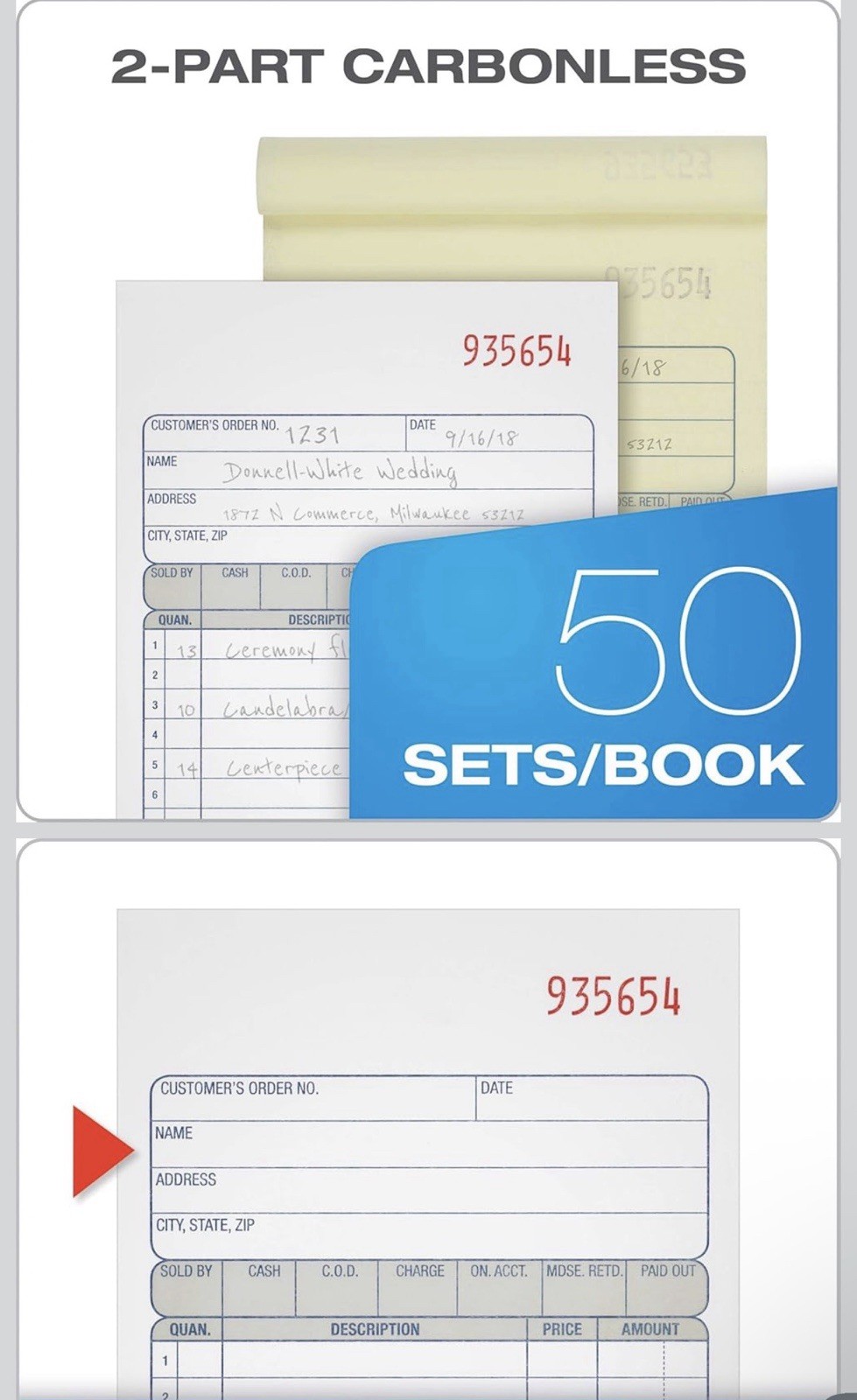 Adams 2-Part Carbonless Sales Order Book White Canary 50 Sets DC4705