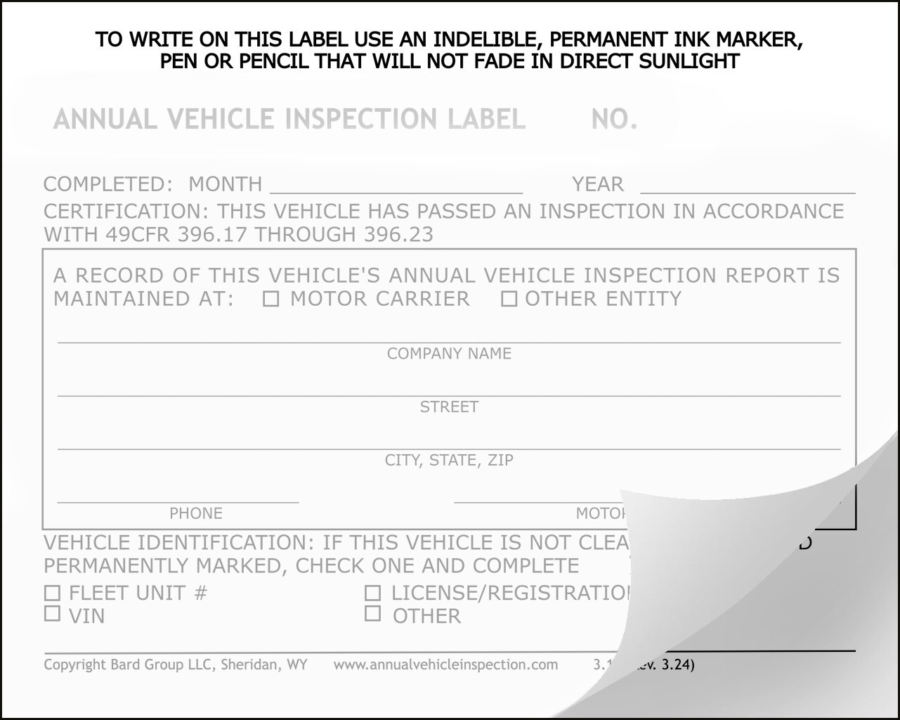 Annual Vehicle Inspection Label 2-Ply Laminated Sticker. 20-PACK. Not numbered.
