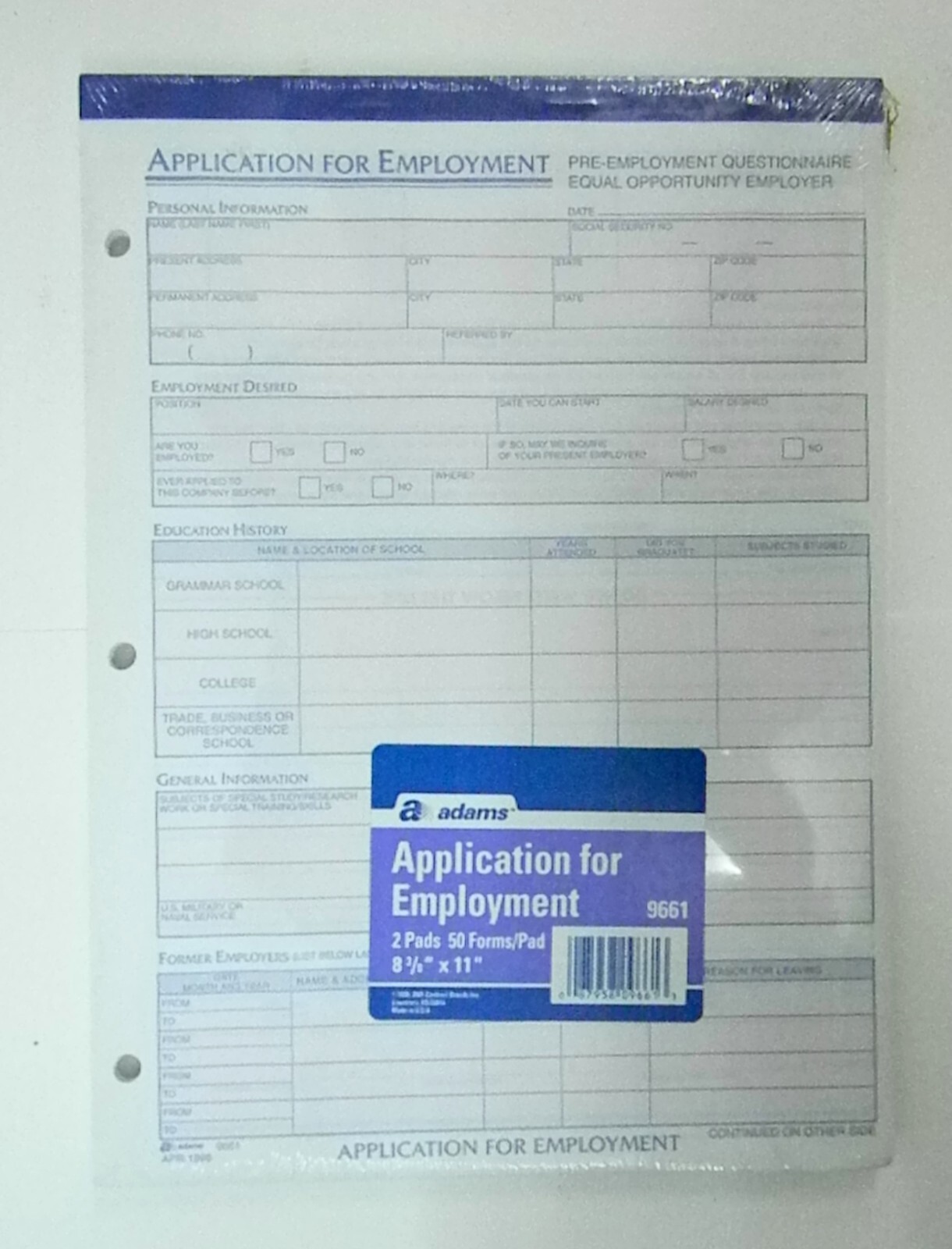 Adams Applications for Employment 8.5 x 11 Inch 100 Forms 3 Hole Pre Punch